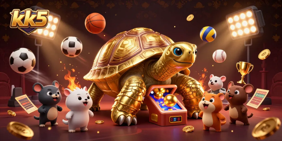 A golden tortoise pinball machine illustration representing winning experiences at kk5, with excited animals ready to play.