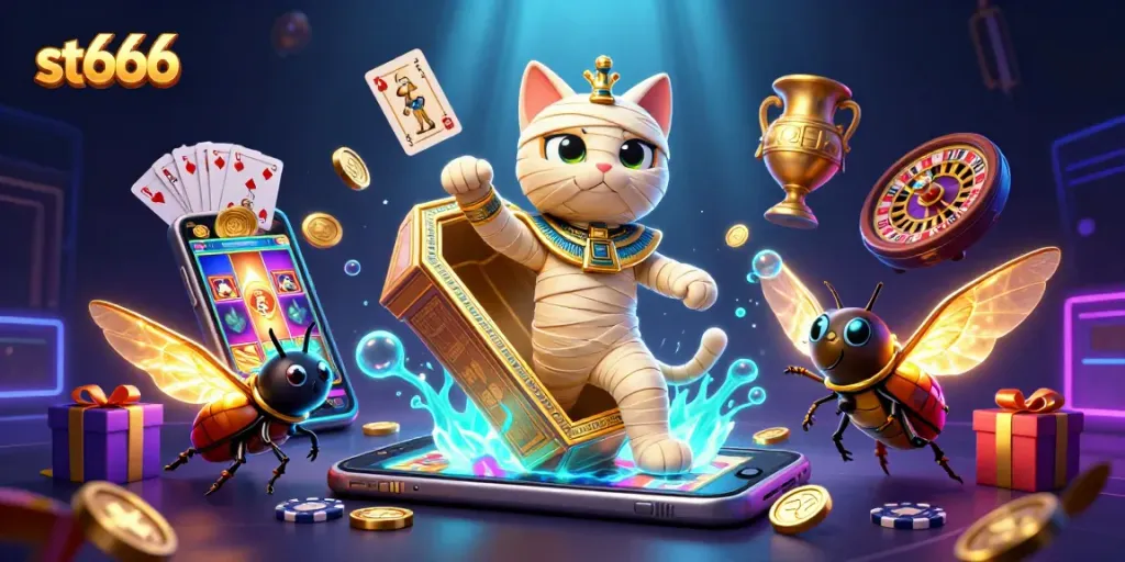 Play exciting games at st666 with the Egyptian mummy cat and a glowing scarab in a casino scene.