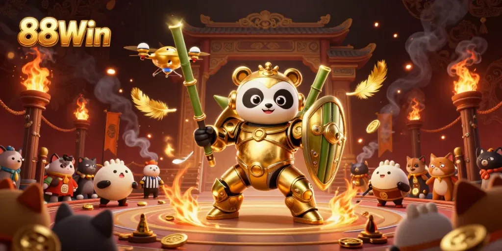 Engage in exciting gameplay at 88Win with a dynamic mech-suit panda battling in a vibrant arena.