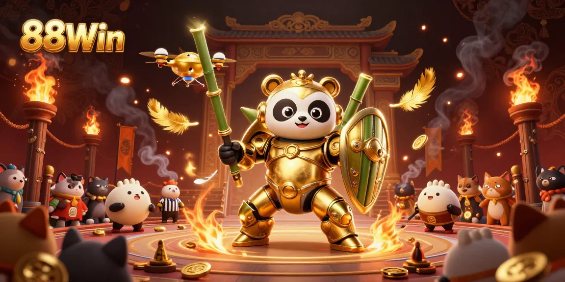 Engage in exciting gameplay at 88Win with a dynamic mech-suit panda battling in a vibrant arena.