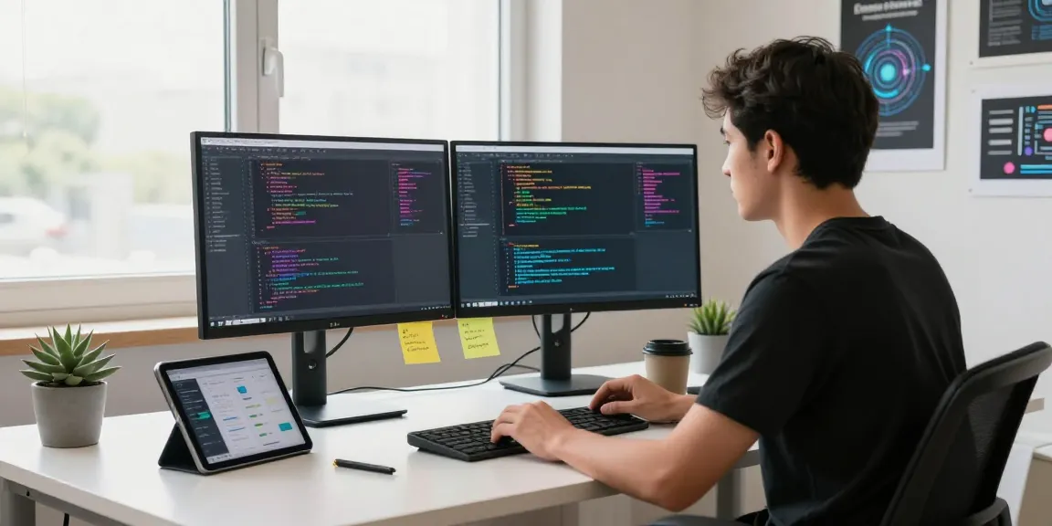 Developer using juicy ai algorithms in a modern workspace with coding displays and vibrant decor.