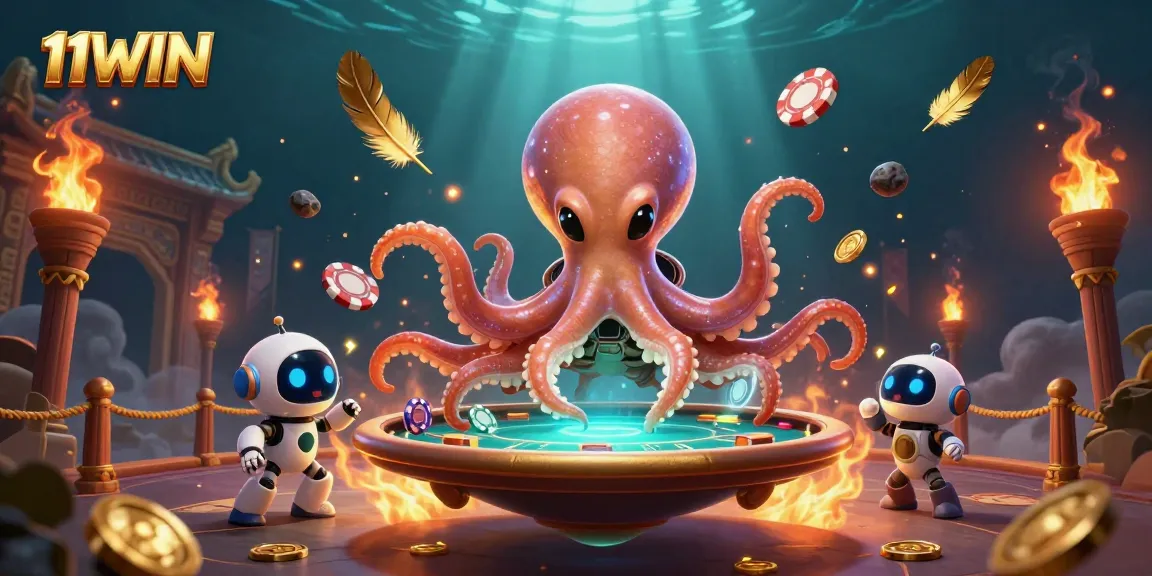 11WIN showcases an alien octopus running an exciting holographic poker table surrounded by vibrant casino elements.