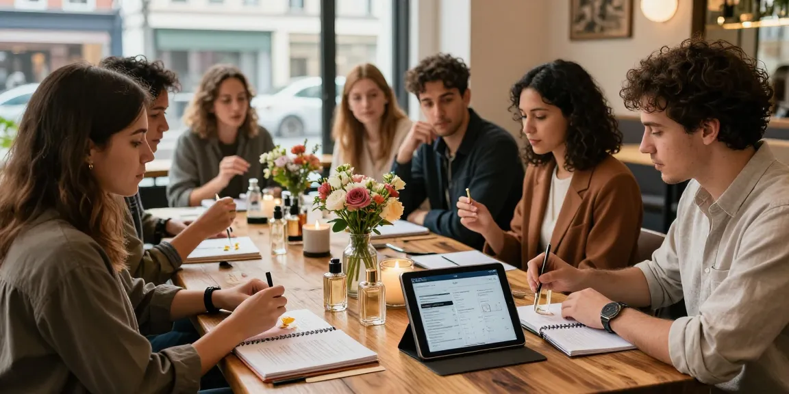 Engaging discussion on Perfume Reviews in a vibrant café setting with enthusiasts sharing notes and samples.