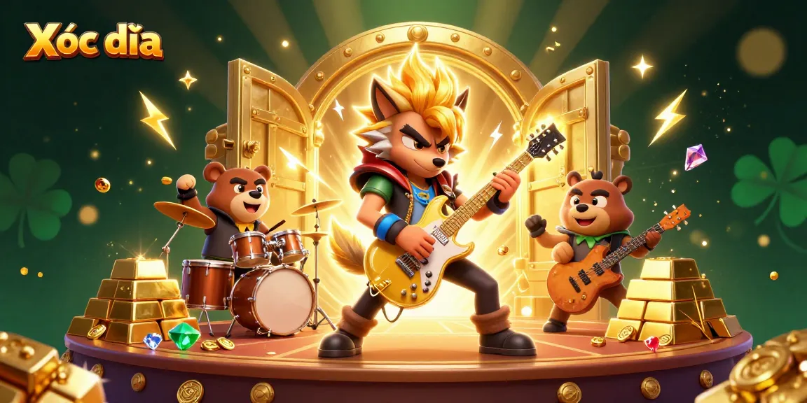 Xóc đĩa gameplay featuring a cartoon wolf rock star shredding guitar amidst gold treasures and vibrant casino elements.