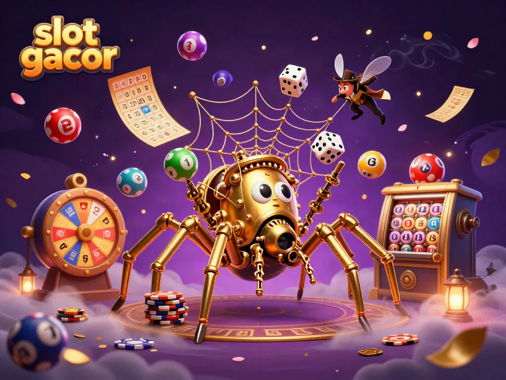 Catching lucky dice in the web of a steampunk golden spider in a vibrant slot gacor-themed illustration.