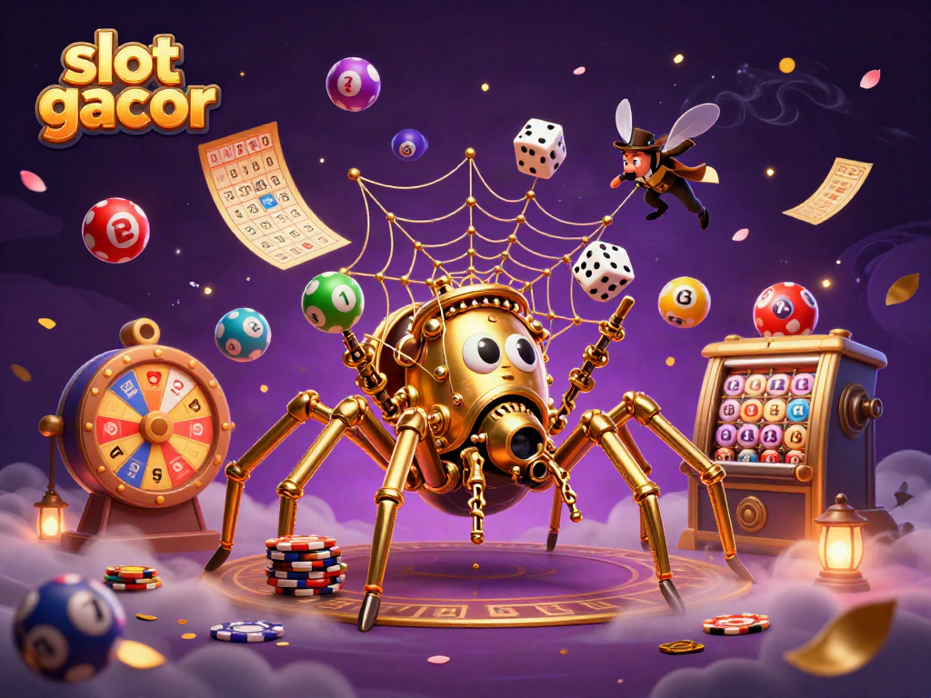 Catching lucky dice in the web of a steampunk golden spider in a vibrant slot gacor-themed illustration.
