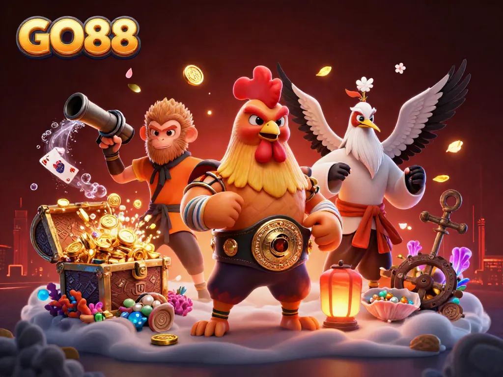 Experience the thrill of winning at GO88, featuring vibrant characters and dynamic casino elements.