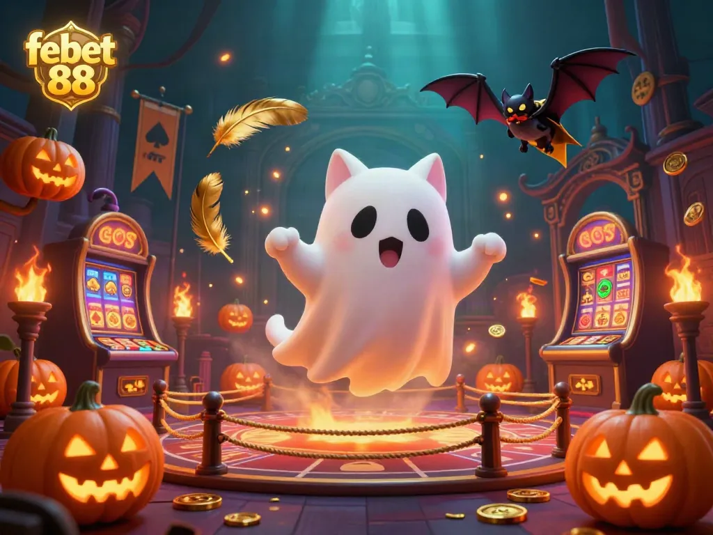 Engage with febet 88 in this vibrant casino illustration featuring a ghost cat and ghostly elements.