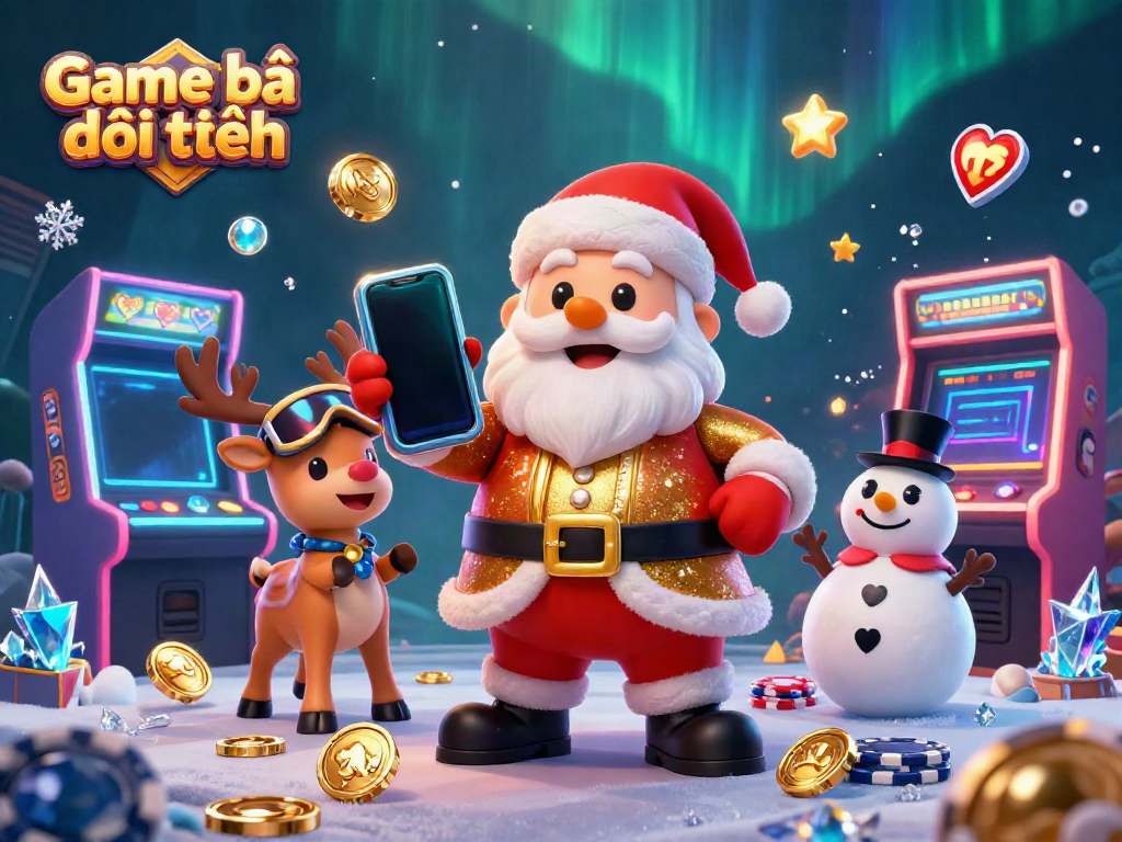 Experience Game bài đổi thưởng with Santa, a reindeer dealer, and a snowman in a vibrant casino scene.