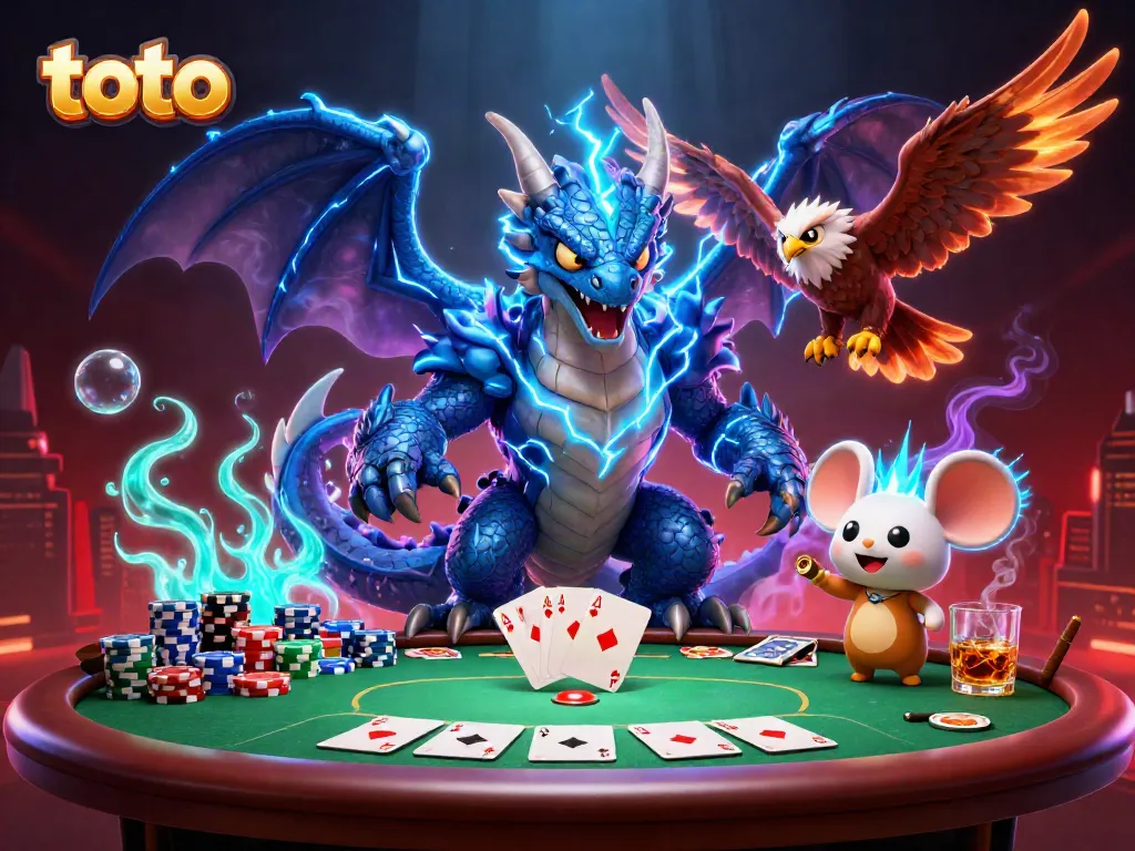 Experience thrilling poker action featuring toto-themed powerful characters in a vibrant casino scene.