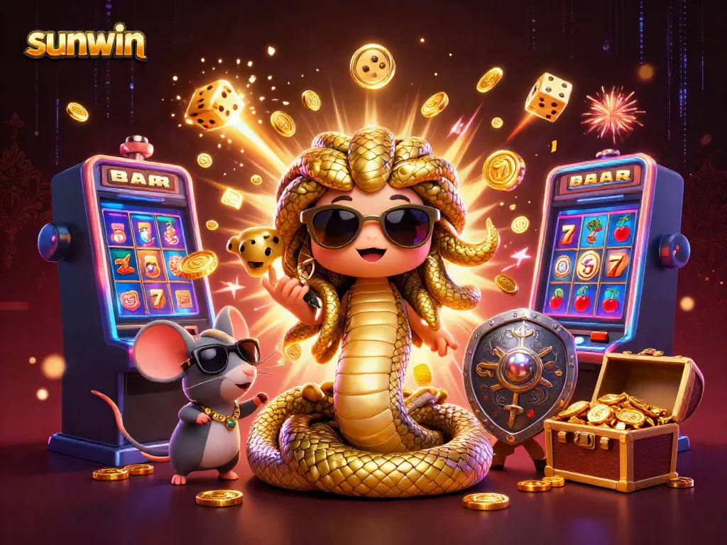 Experience sunwin's enchanting gaming world with Medusa and a mouse warrior amidst jackpots and colorful game elements