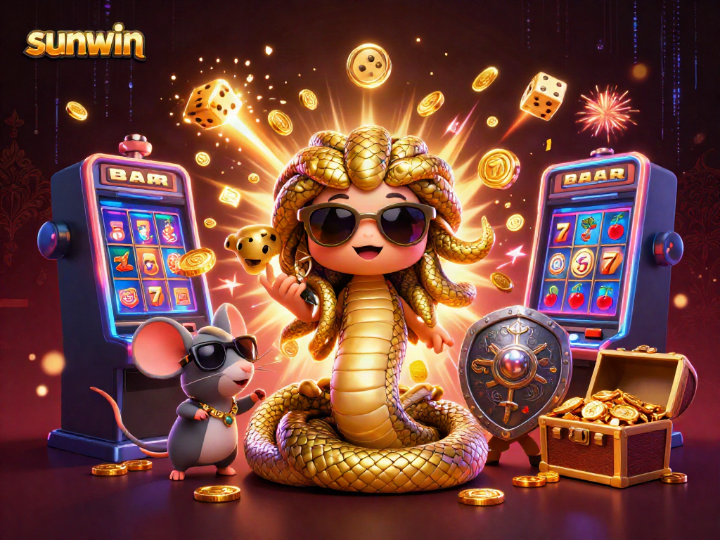 Experience sunwin's enchanting gaming world with Medusa and a mouse warrior amidst jackpots and colorful game elements