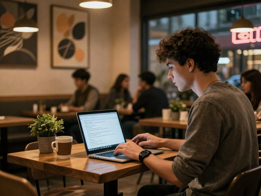 Engaging in nsfw ai chat in a cozy urban cafe setting.
