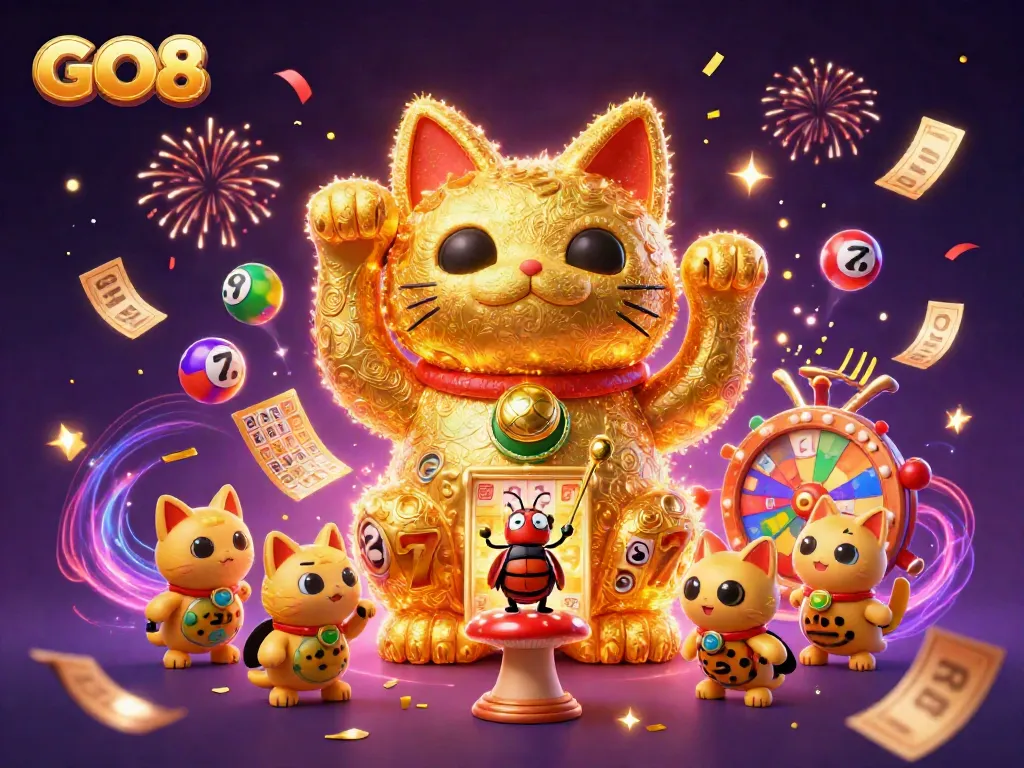 Unleash your luck with the GO8 lucky cat amidst vibrant casino symbols and sparkling effects.