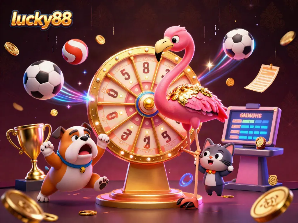 Play and win big with lucky88 in a vibrant casino scene featuring sports excitement and dynamic elements.