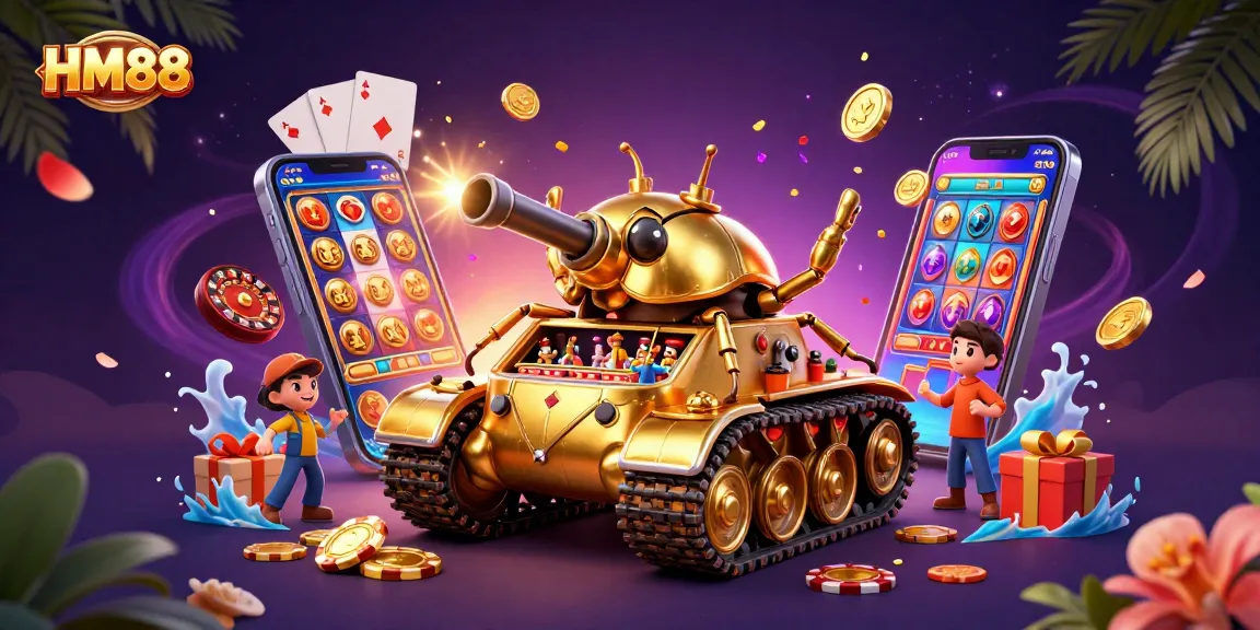 Engage in thrilling gameplay with HM88's vibrant casino-themed 3D illustration featuring a golden beetle tank.