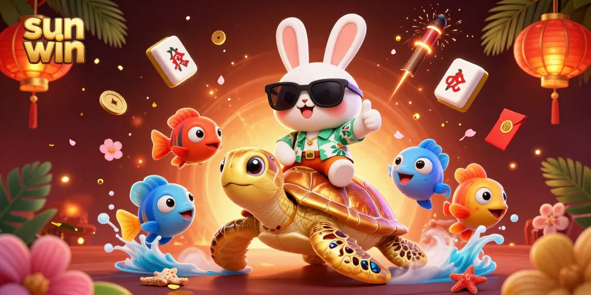 Experience thrilling wins with sun win's vibrant lucky rabbit and golden turtle in a festive casino scene.
