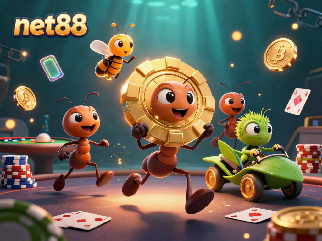 Experience thrilling wins with net88 poker chip heist illustration featuring playful ants and crypto coins.