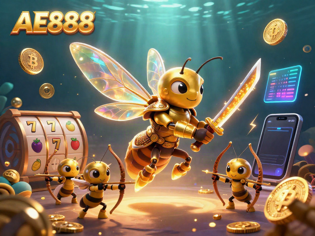 Experience the thrill of AE888 with a golden hornet samurai and bee archers in a vibrant casino showcase.