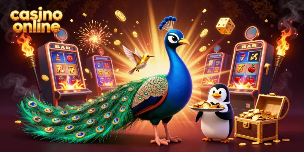 Engage in thrilling casino online adventures with a dazzling peacock, penguin butler, and hummingbird in a vibrant 3D illustration.