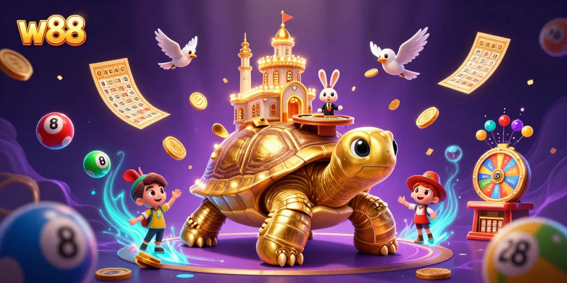 Experience thrilling w88 gaming with a golden tortoise, rabbit dealer, and festive lottery elements.