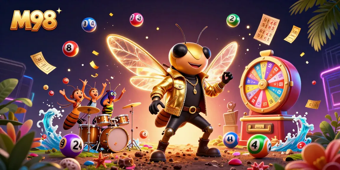 M98 casino scene featuring dynamic characters and exciting game elements in a vibrant celebration.