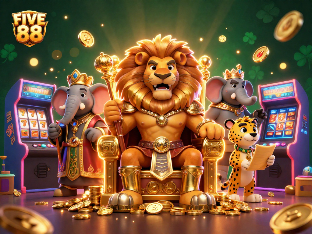 Experience FIVE 88 with a fierce lion king, an elephant, and a cheetah in a vibrant casino adventure.