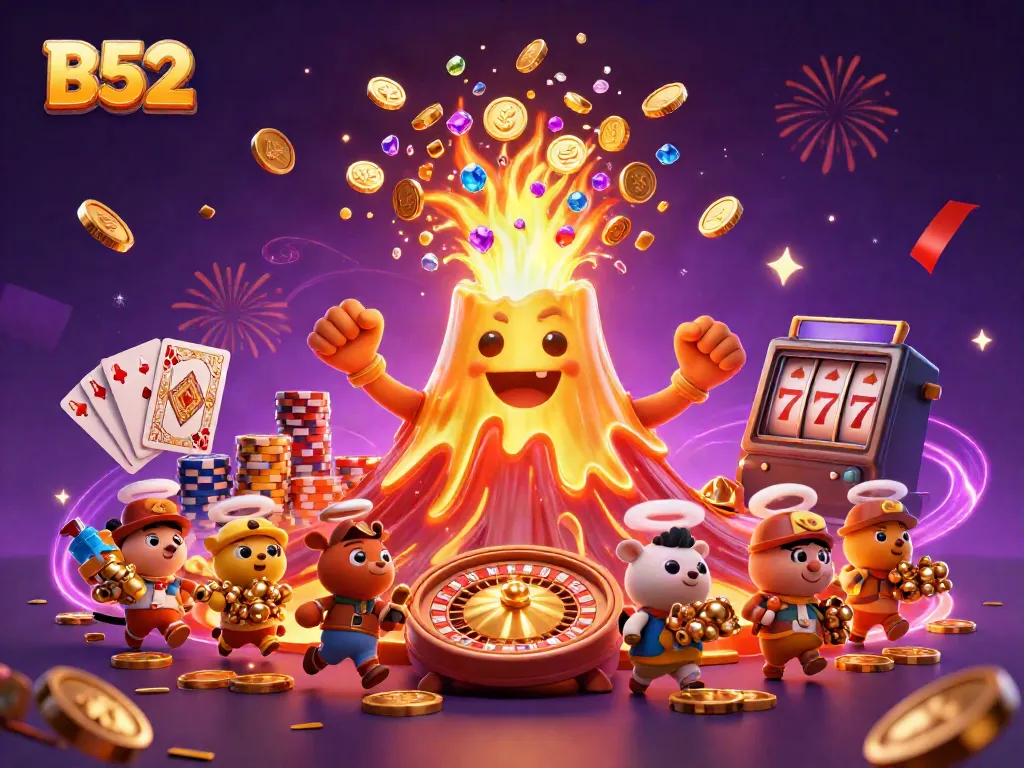 Experience the thrilling world of B52 with jubilant treasures erupting from a volcano and casino games.