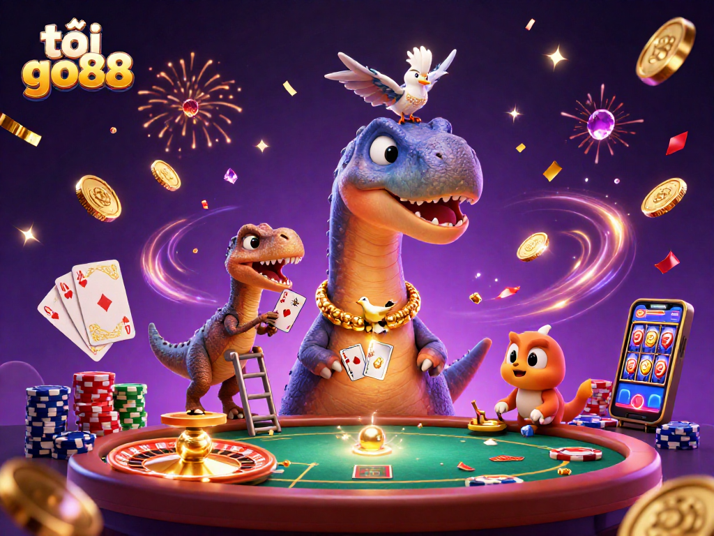 Experience tải go88 with dynamic casino-themed art featuring a brontosaurus and raptor among gambling elements.