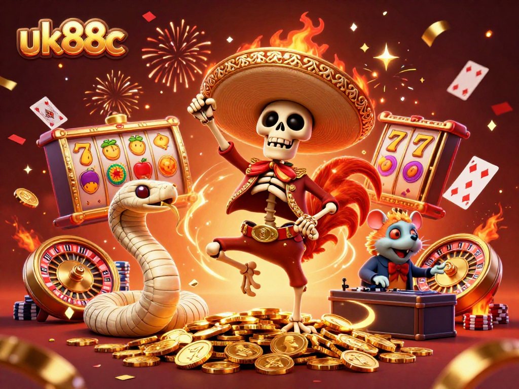 Experience excitement with uk88c’s lively casino illustration featuring fun characters and rich visuals.