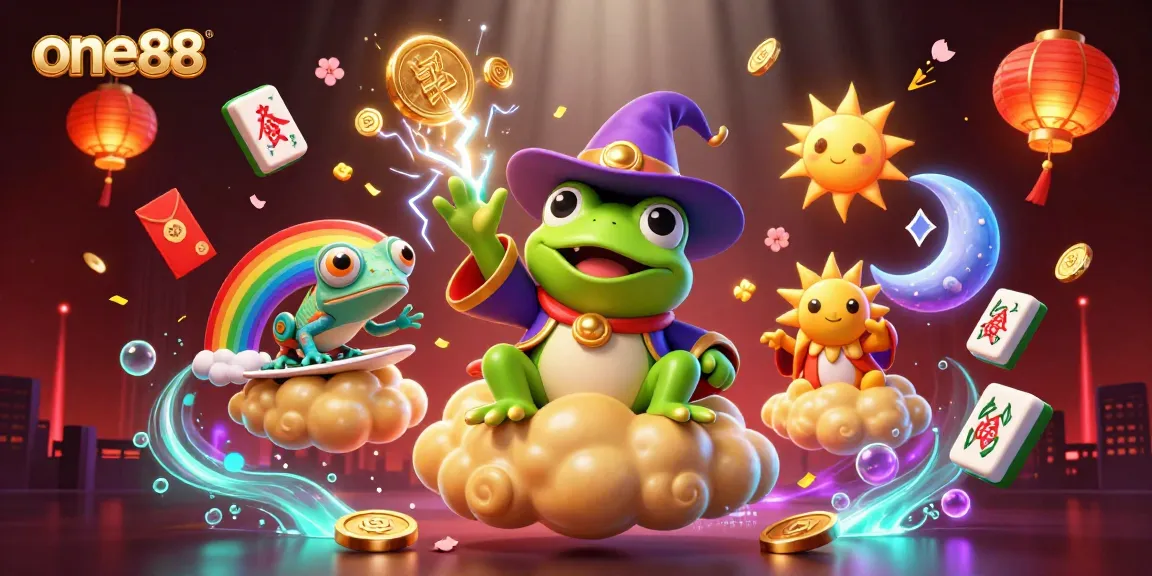 Engage with one88's thrilling gaming experience as the wizard frog creates a golden coin storm in a vibrant illustration.