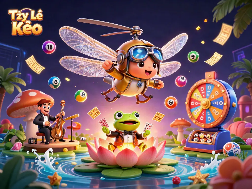 Tỷ Lệ Kèo vibes soar as the helicopter pilot and frog croupier create a vibrant casino scene.