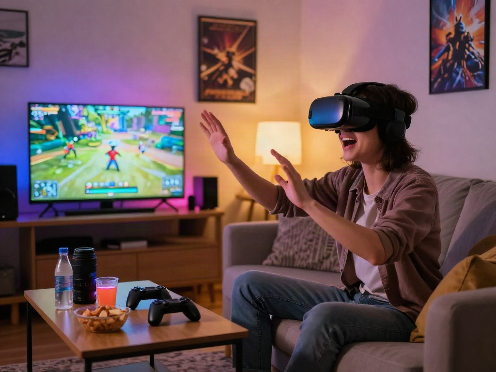 Engaging porngame experience with VR headset and colorful ambiance in a cozy home.