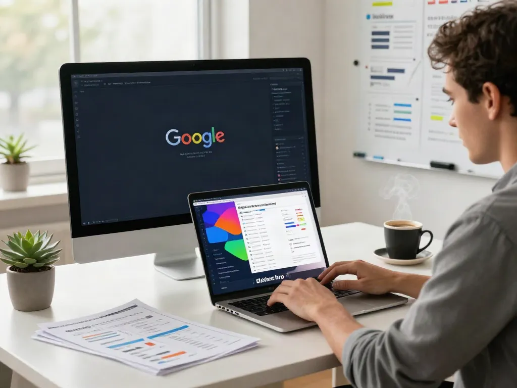 Expert in digital marketing analyzing instant indexing strategies at a modern desk.