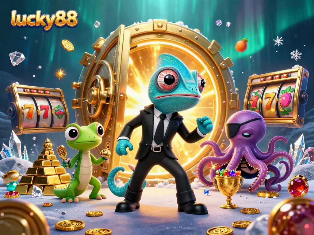 Win big at lucky88 with vibrant 3D illustration of chameleon, gecko, and octopus in a dynamic casino scene.