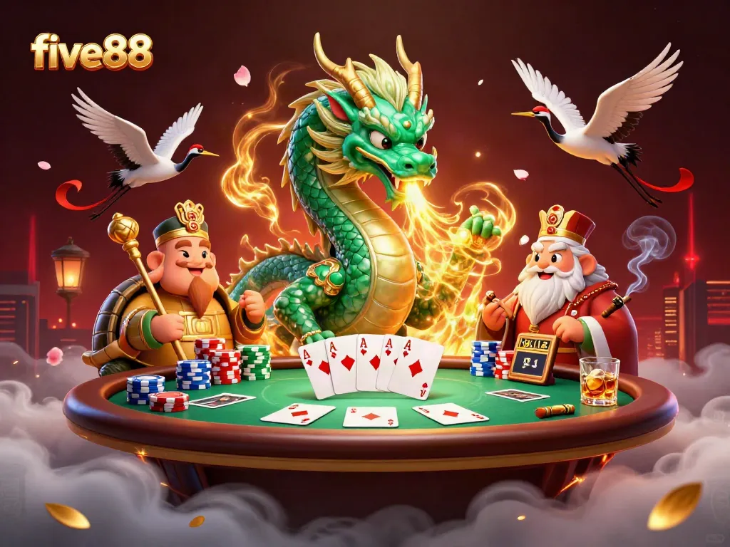 Experience the thrill of five88 with an adventurous dragon and poker excitement.