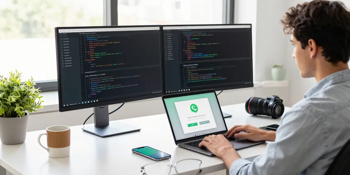 WhatsApp下載 process in a modern tech workspace with dual monitors.