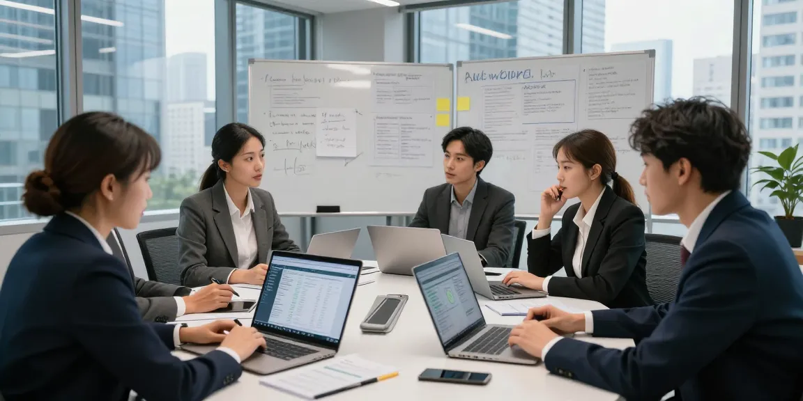Team discussing call recording strategies in a modern office setting, showcasing collaboration and data insights.