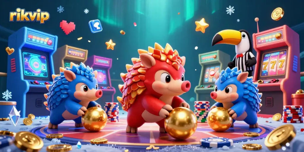 rikvip offers explosive fun as rival pangolins bowl through stacks of chips in a vibrant casino scene.