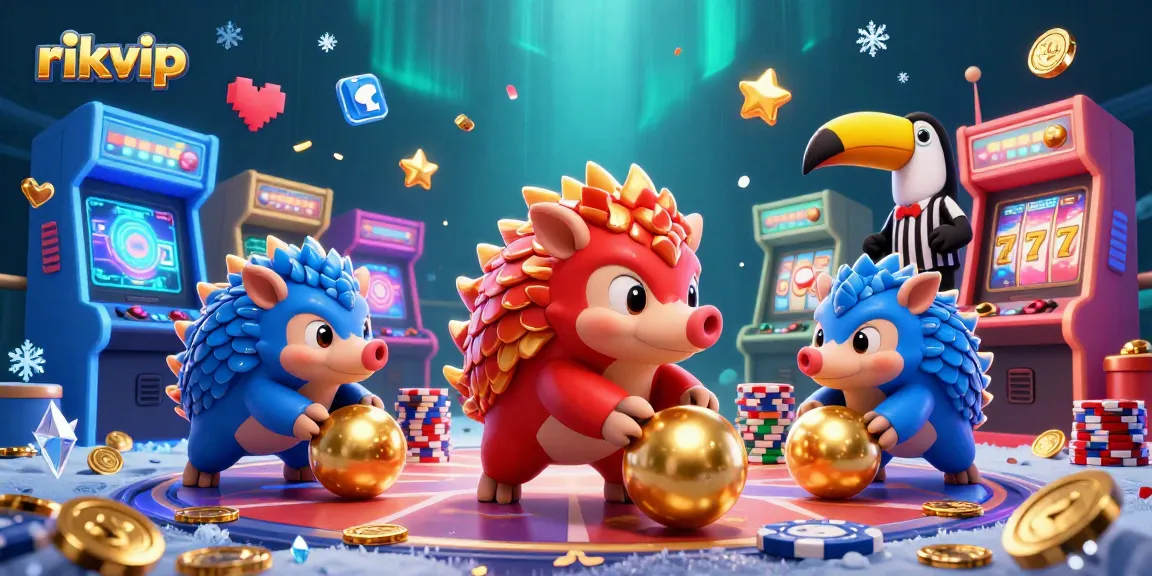 rikvip offers explosive fun as rival pangolins bowl through stacks of chips in a vibrant casino scene.