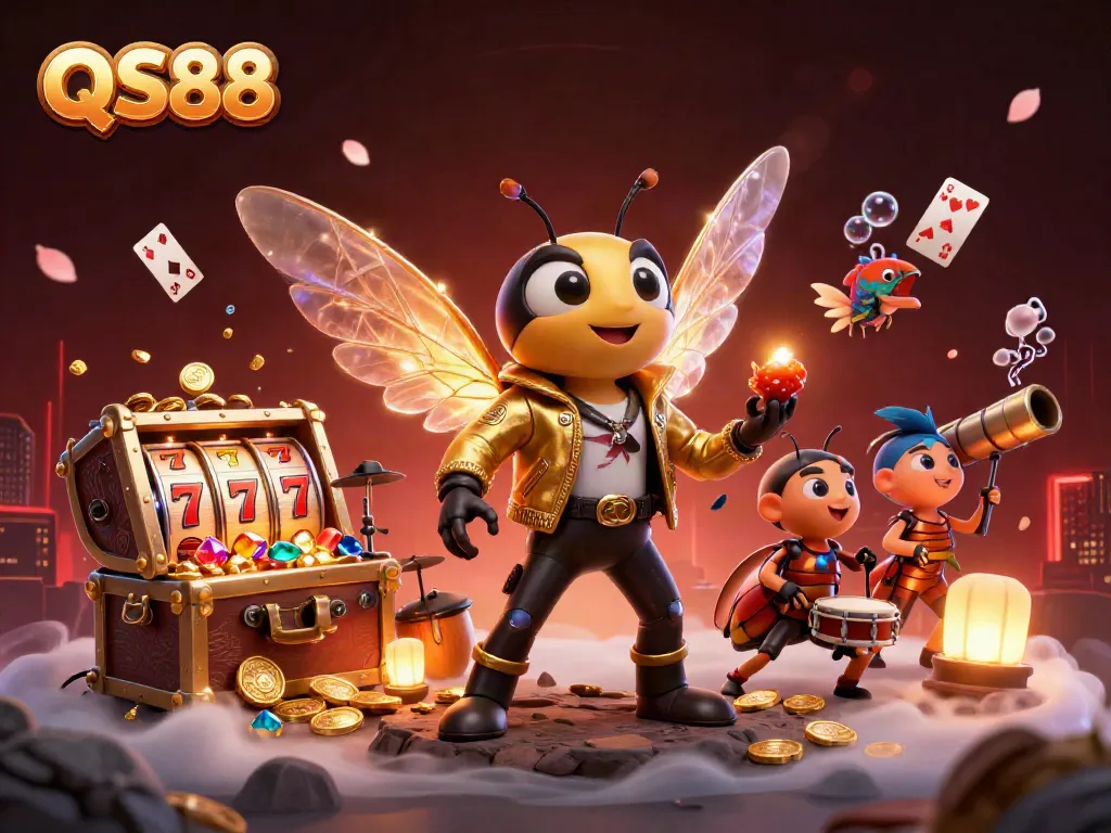 Experience thrilling gameplay with QS88 in this vivid, dynamic 3D casino scene featuring vibrant game elements.