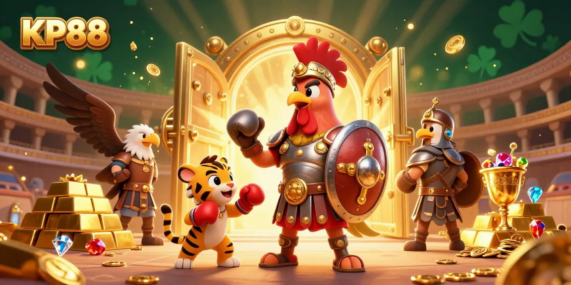 Experience captivating gameplay at KP88 with a dynamic scene featuring a rooster warrior and treasures.