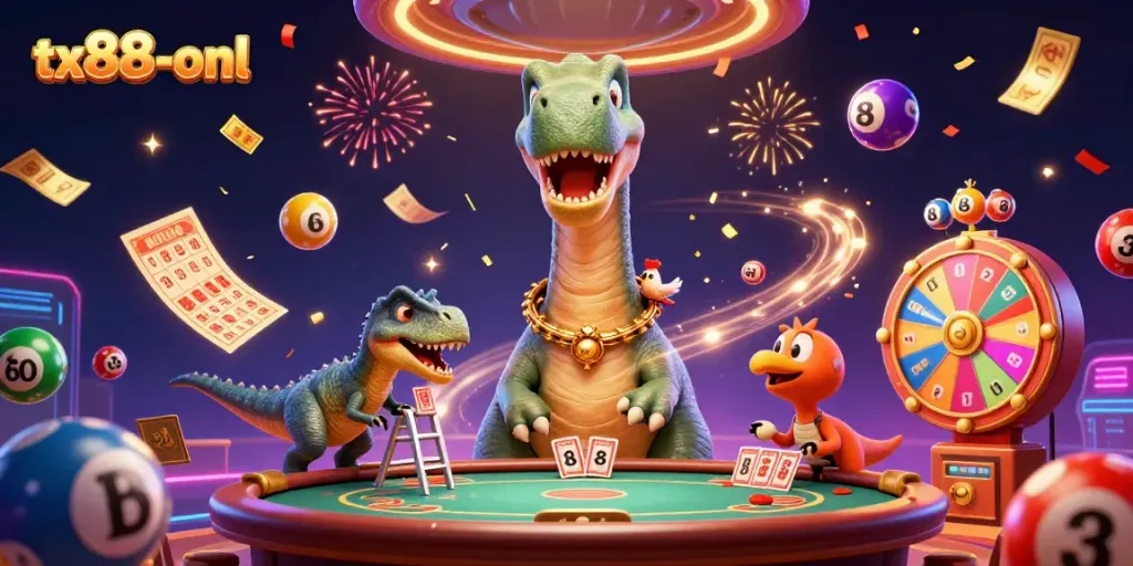 Experience thrilling gaming at tx88-onl with a lively 3D casino scene featuring a dinosaur dealer and colorful lottery elements.