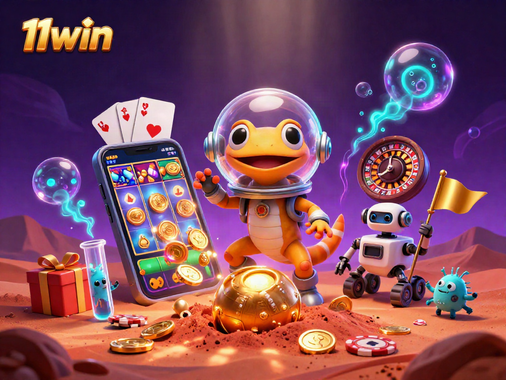 Join the fun at 11win as our Martian gecko explores a cosmic casino adventure.