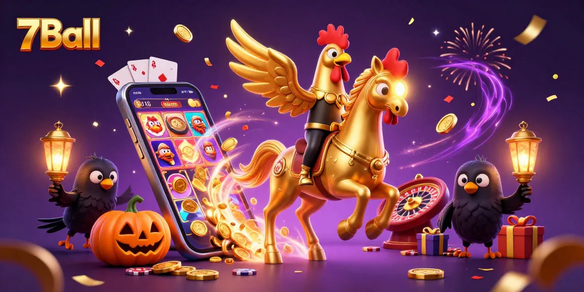 Experience epic wins at 7Ball with a vibrant casino scene featuring dazzling slot games and festive characters.