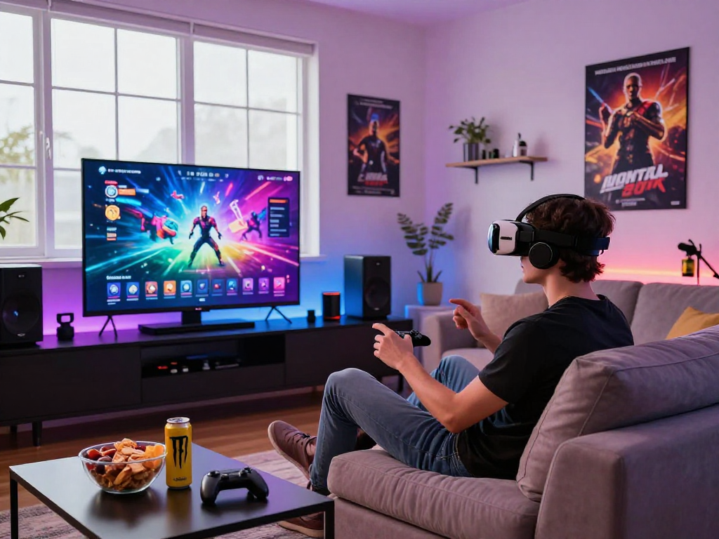 Engaged player enjoying a porn game in a modern gaming setup with vibrant atmosphere.