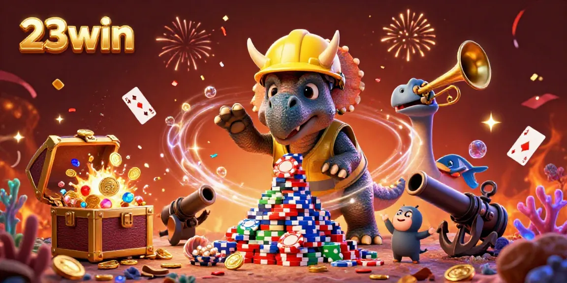 Experience the excitement of 23win with 3D characters celebrating and a vibrant casino scene filled with action and energy.