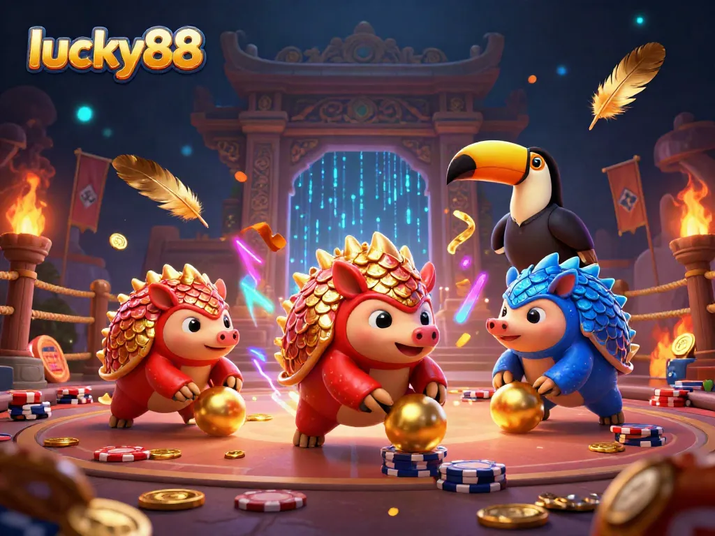 Experience thrilling moments at lucky88 with animated pangolins competing over poker chips and gold.