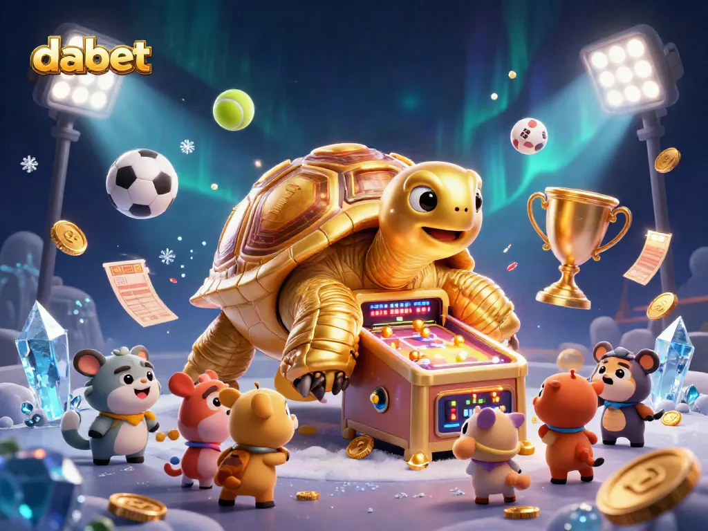 Experience thrilling gameplay at dabet with a vibrant illustration of a casino-like scene featuring a colossal tortoise, sports elements, and excitement.