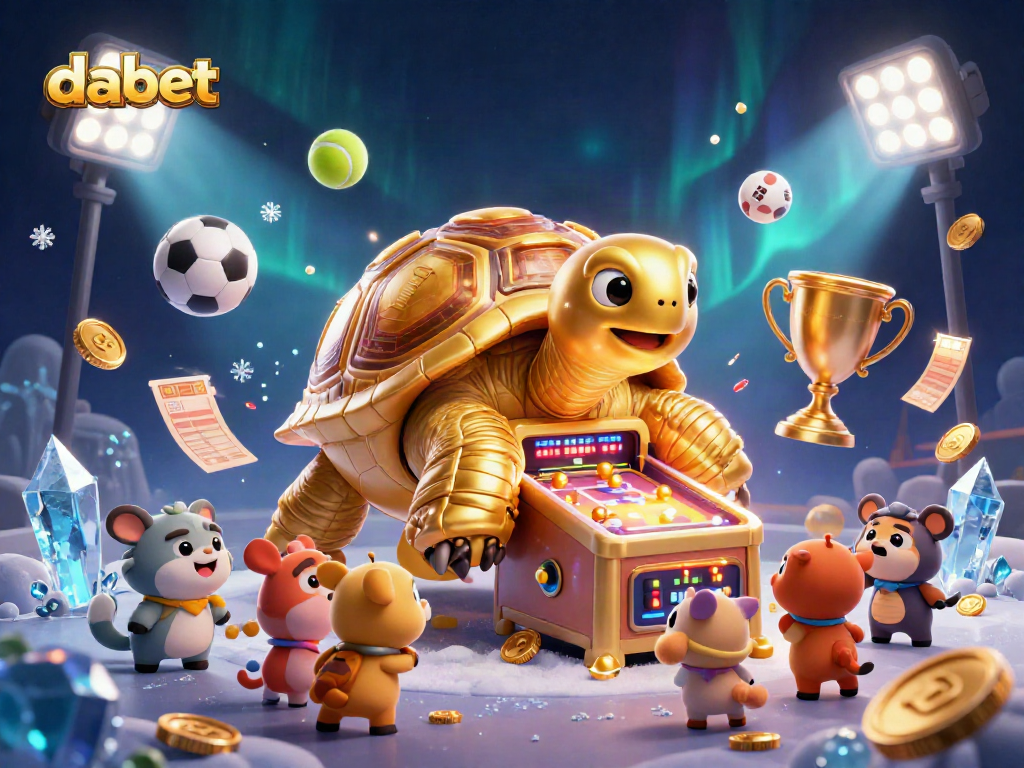 Experience thrilling gameplay at dabet with a vibrant illustration of a casino-like scene featuring a colossal tortoise, sports elements, and excitement.